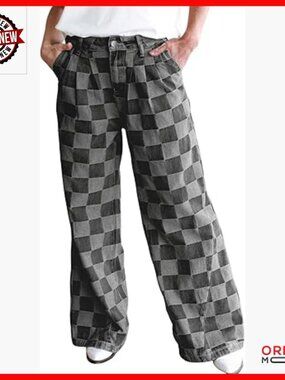 High Waisted Wide Leg Checkered Jeans, Plaid Pattern Denim Pants